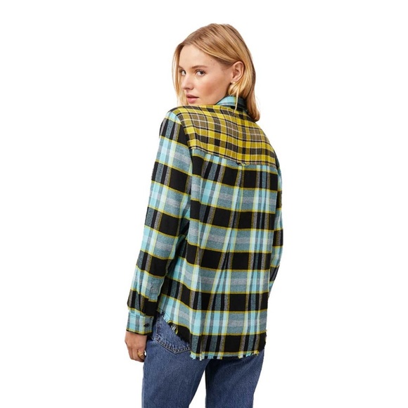 NWOT Rails Brando Button Down Sky Mixed Plaid Flannel Colorblock Blue Yellow XS - Picture 1 of 16